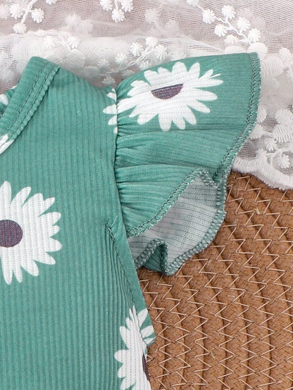 2pcs Baby Girl Cute Print Thin Romper And Shorts With Headband Set, Summer