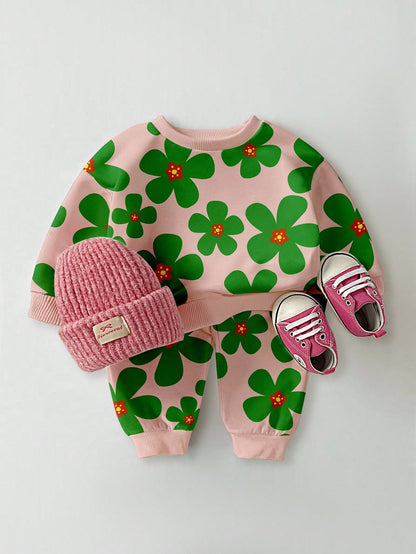2pcs Baby Girls Casual Fashionable Cute Floral All-Over Print Crew Neck Sweatshirt And Sweatpants Set, Autumn/Winter Fall