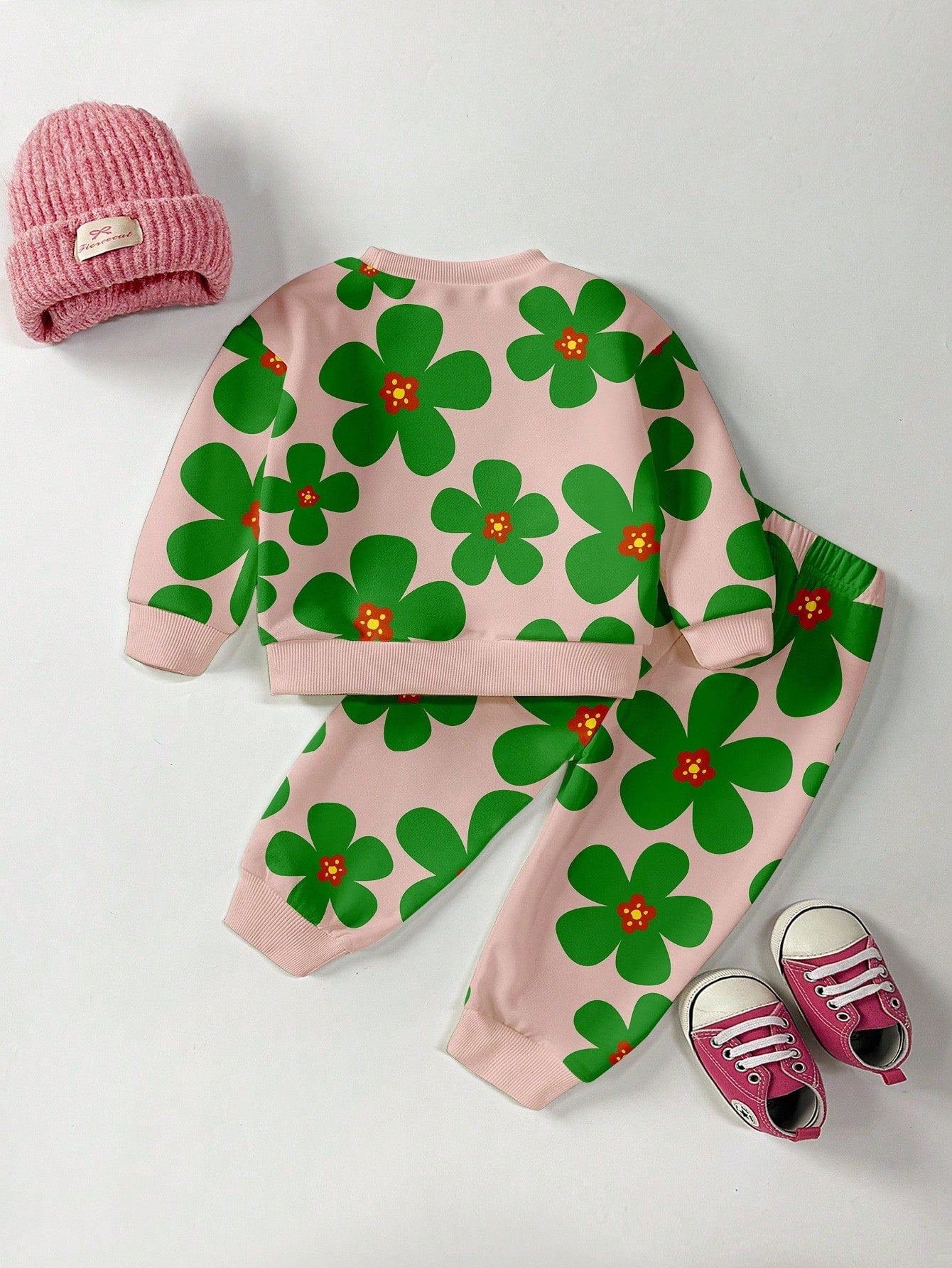 2pcs Baby Girls Casual Fashionable Cute Floral All-Over Print Crew Neck Sweatshirt And Sweatpants Set, Autumn/Winter Fall
