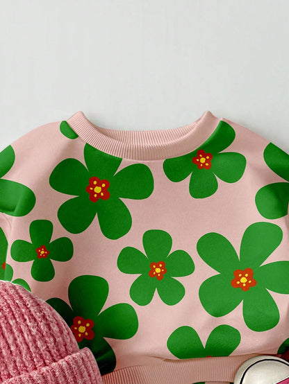 2pcs Baby Girls Casual Fashionable Cute Floral All-Over Print Crew Neck Sweatshirt And Sweatpants Set, Autumn/Winter Fall