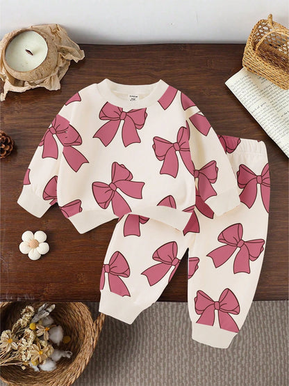 2pcs Baby Girls Casual Fashionable Cute Floral All-Over Print Crew Neck Sweatshirt And Sweatpants Set, Autumn/Winter Fall