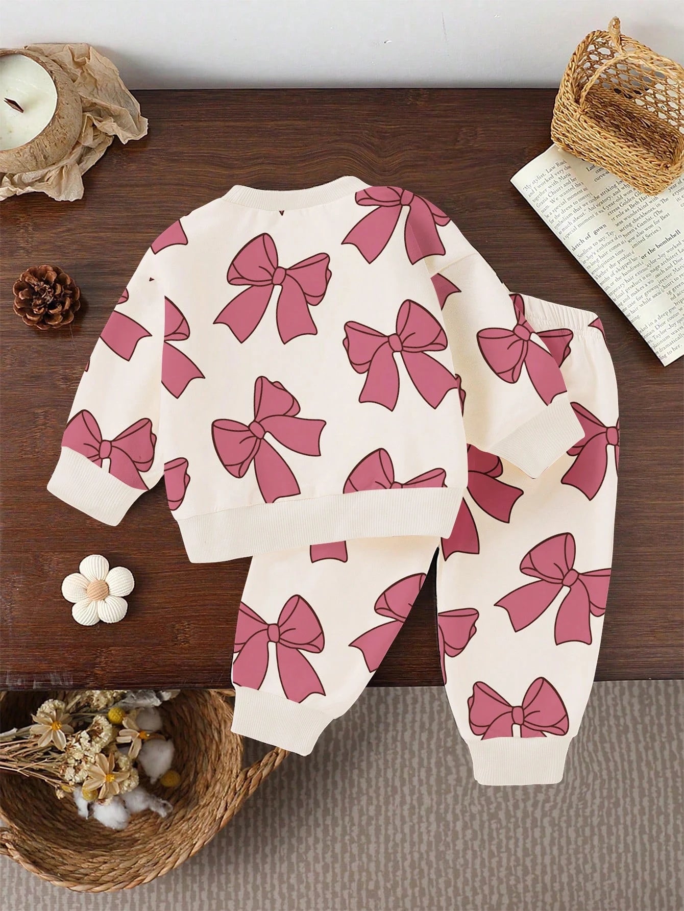 2pcs Baby Girls Casual Fashionable Cute Floral All-Over Print Crew Neck Sweatshirt And Sweatpants Set, Autumn/Winter Fall
