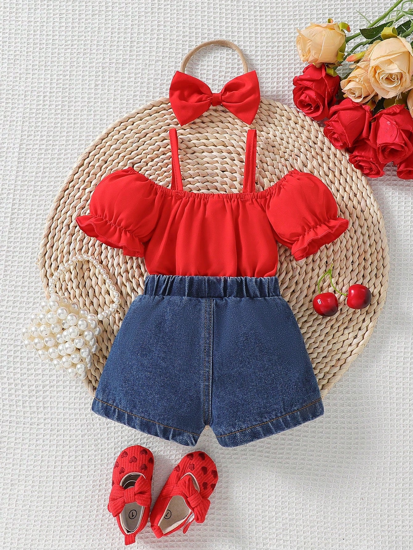 2pcs Baby Girls Fashion Denim Outfits: Casual Jeans + Bow Decor