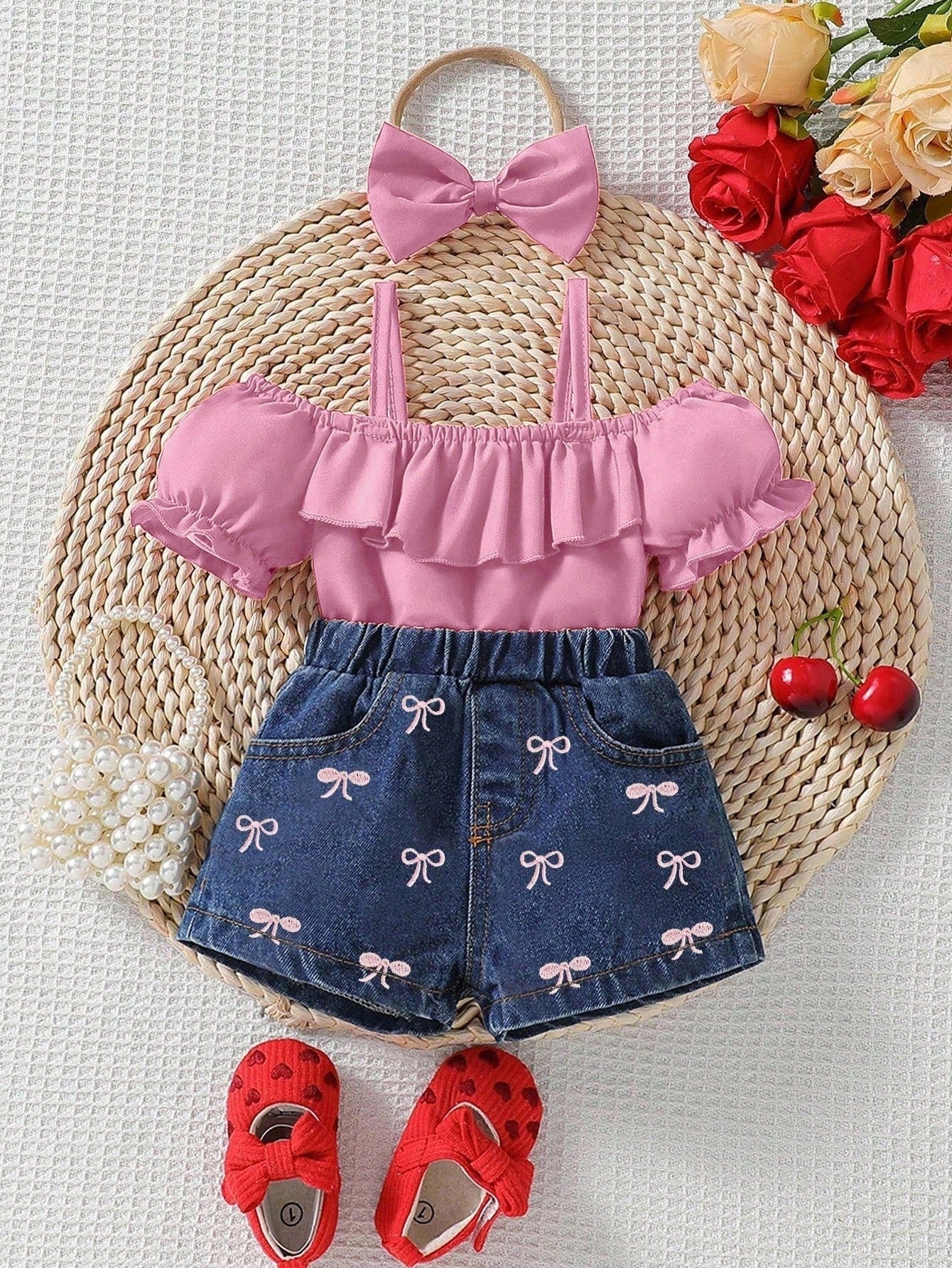 2pcs Baby Girls Fashion Denim Outfits: Casual Jeans + Bow Decor