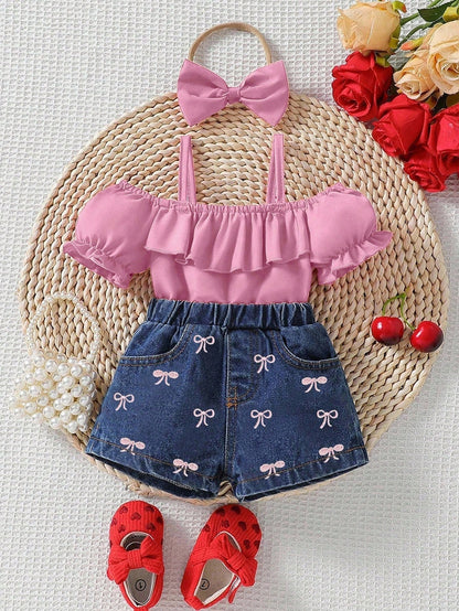 2pcs Baby Girls Fashion Denim Outfits: Casual Jeans + Bow Decor
