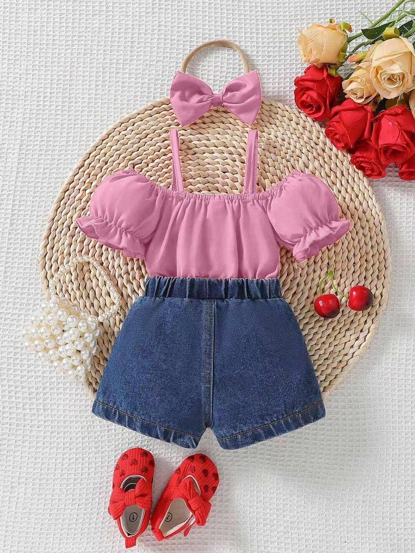 2pcs Baby Girls Fashion Denim Outfits: Casual Jeans + Bow Decor