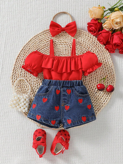 2pcs Baby Girls Fashion Denim Outfits: Casual Jeans + Bow Decor