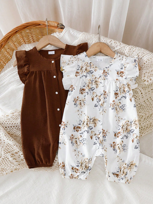 2pcs Baby Girls' Solid Color Vintage Floral Print Ruffle Sleeve Romper, Button Design For Easy Wear, Comfortable & Minimalist Cap Sleeve Romper Set, Summer