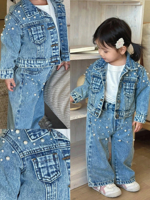 2pcs Baby Girls' Y2K White Pearl Decor Blue Denim Lapel Long Sleeve Jacket And Loose Fit Pants Set,Pearl Decoration Set,Fall Clothes,Autumn Clothes Winter