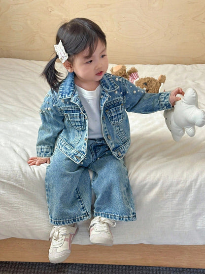 2pcs Baby Girls' Y2K White Pearl Decor Blue Denim Lapel Long Sleeve Jacket And Loose Fit Pants Set,Pearl Decoration Set,Fall Clothes,Autumn Clothes Winter