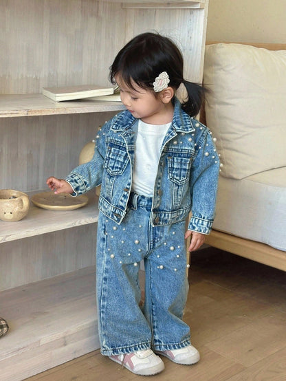 2pcs Baby Girls' Y2K White Pearl Decor Blue Denim Lapel Long Sleeve Jacket And Loose Fit Pants Set,Pearl Decoration Set,Fall Clothes,Autumn Clothes Winter