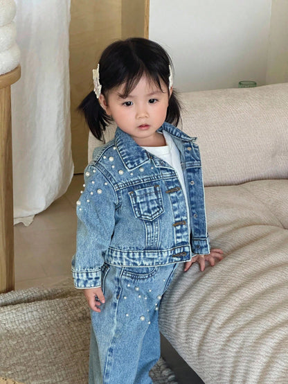 2pcs Baby Girls' Y2K White Pearl Decor Blue Denim Lapel Long Sleeve Jacket And Loose Fit Pants Set,Pearl Decoration Set,Fall Clothes,Autumn Clothes Winter