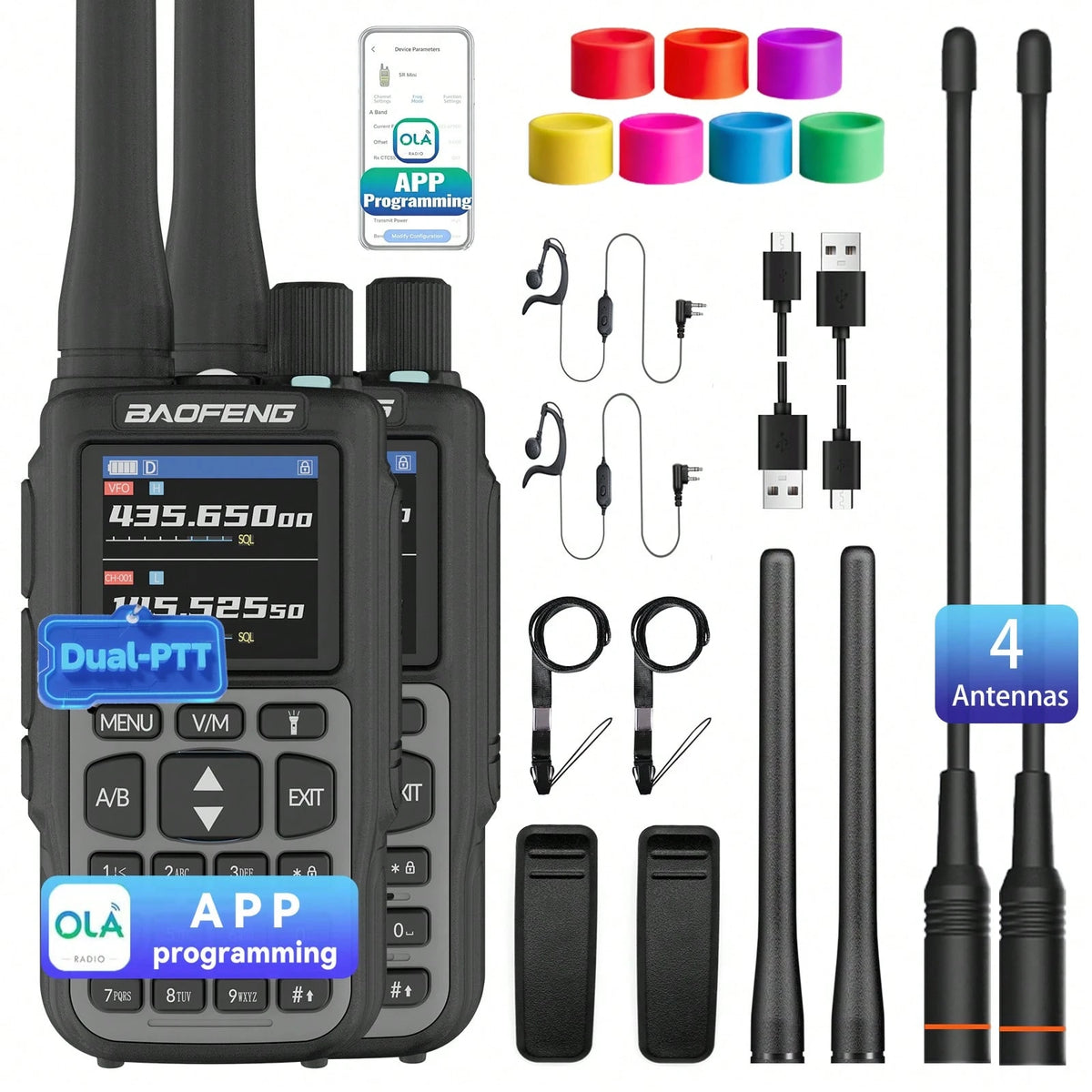 2pcs BAOFENG MINI 5 Lightweight Walkie Talkie Set, Extra 701 Antenna*2, 7-Color Antenna Rings, Electronic Outdoor Communication Device, Portable And Easy To Carry, Suitable For Fishing, Hiking, Hotel