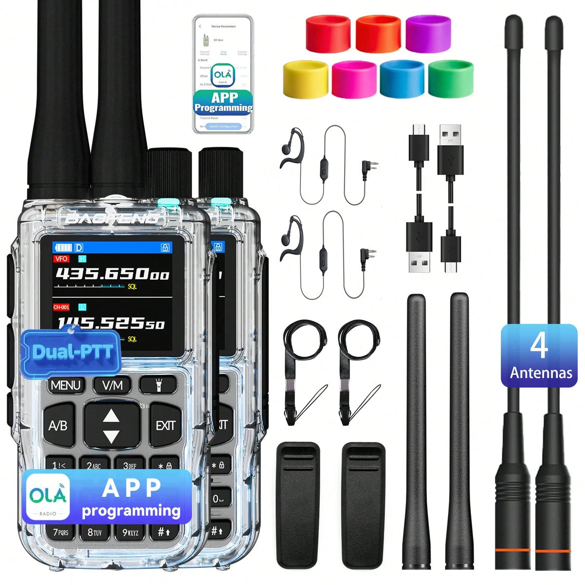 2pcs BAOFENG MINI 5 Lightweight Walkie Talkie Set, Extra 701 Antenna*2, 7-Color Antenna Rings, Electronic Outdoor Communication Device, Portable And Easy To Carry, Suitable For Fishing, Hiking, Hotel