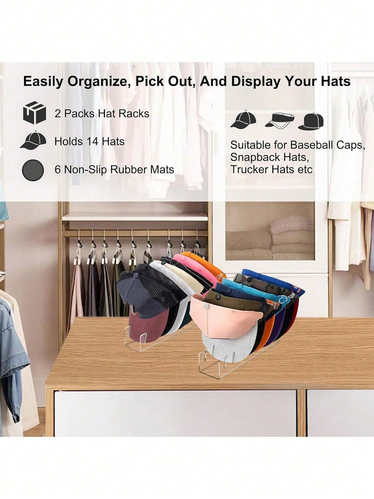 2pcs Baseball Cap Storage Rack, Hat Organizer, No Assembly Required, Suitable For Desktop Hat Storage And Display, Acrylic Display Stand, Suitable For Bedroom, Closet, Vanity, Office And Entryway, Van
