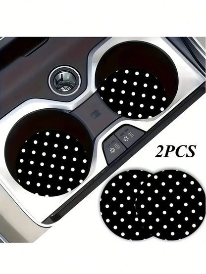 2pcs Black & White Polka Dot Coasters, Car Interior Decor, Car Accessories, Non-Slip Car Cup Holder Mats, Suitable For Men & Women, Universal Car Beverage Mats, Ideal Birthday & Daily Gift For Friends
