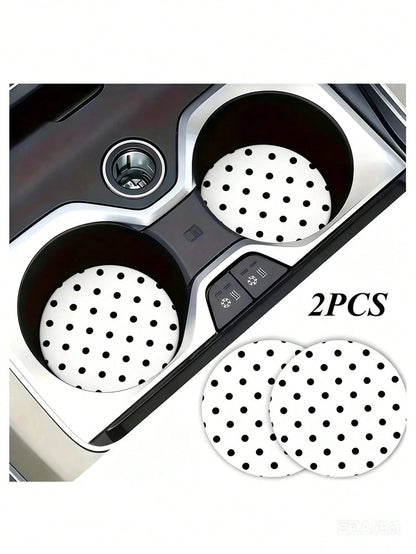 2pcs Black & White Polka Dot Coasters, Car Interior Decor, Car Accessories, Non-Slip Car Cup Holder Mats, Suitable For Men & Women, Universal Car Beverage Mats, Ideal Birthday & Daily Gift For Friends