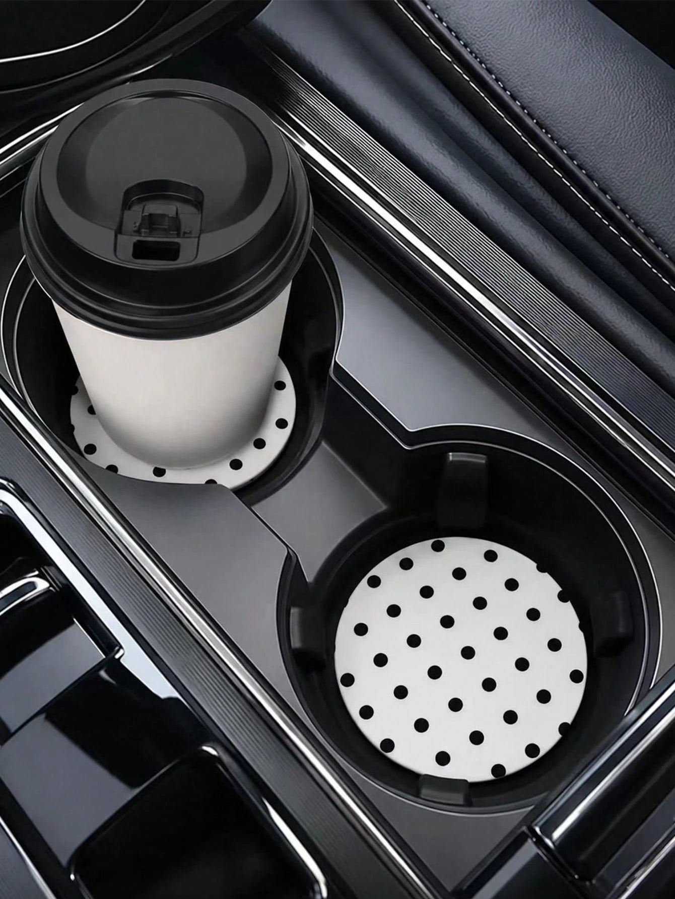 2pcs Black & White Polka Dot Coasters, Car Interior Decor, Car Accessories, Non-Slip Car Cup Holder Mats, Suitable For Men & Women, Universal Car Beverage Mats, Ideal Birthday & Daily Gift For Friends