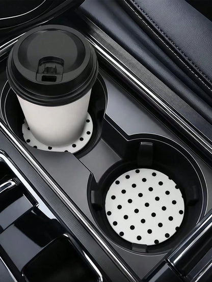 2pcs Black & White Polka Dot Coasters, Car Interior Decor, Car Accessories, Non-Slip Car Cup Holder Mats, Suitable For Men & Women, Universal Car Beverage Mats, Ideal Birthday & Daily Gift For Friends