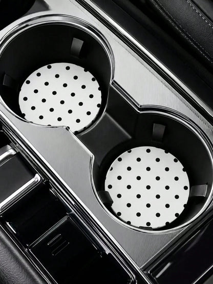 2pcs Black & White Polka Dot Coasters, Car Interior Decor, Car Accessories, Non-Slip Car Cup Holder Mats, Suitable For Men & Women, Universal Car Beverage Mats, Ideal Birthday & Daily Gift For Friends