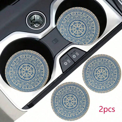 2pcs Bohemian Pattern Car Cup Holders, Fashionable & Durable, Quick-Drying Anti-Slip Car Cup Mats