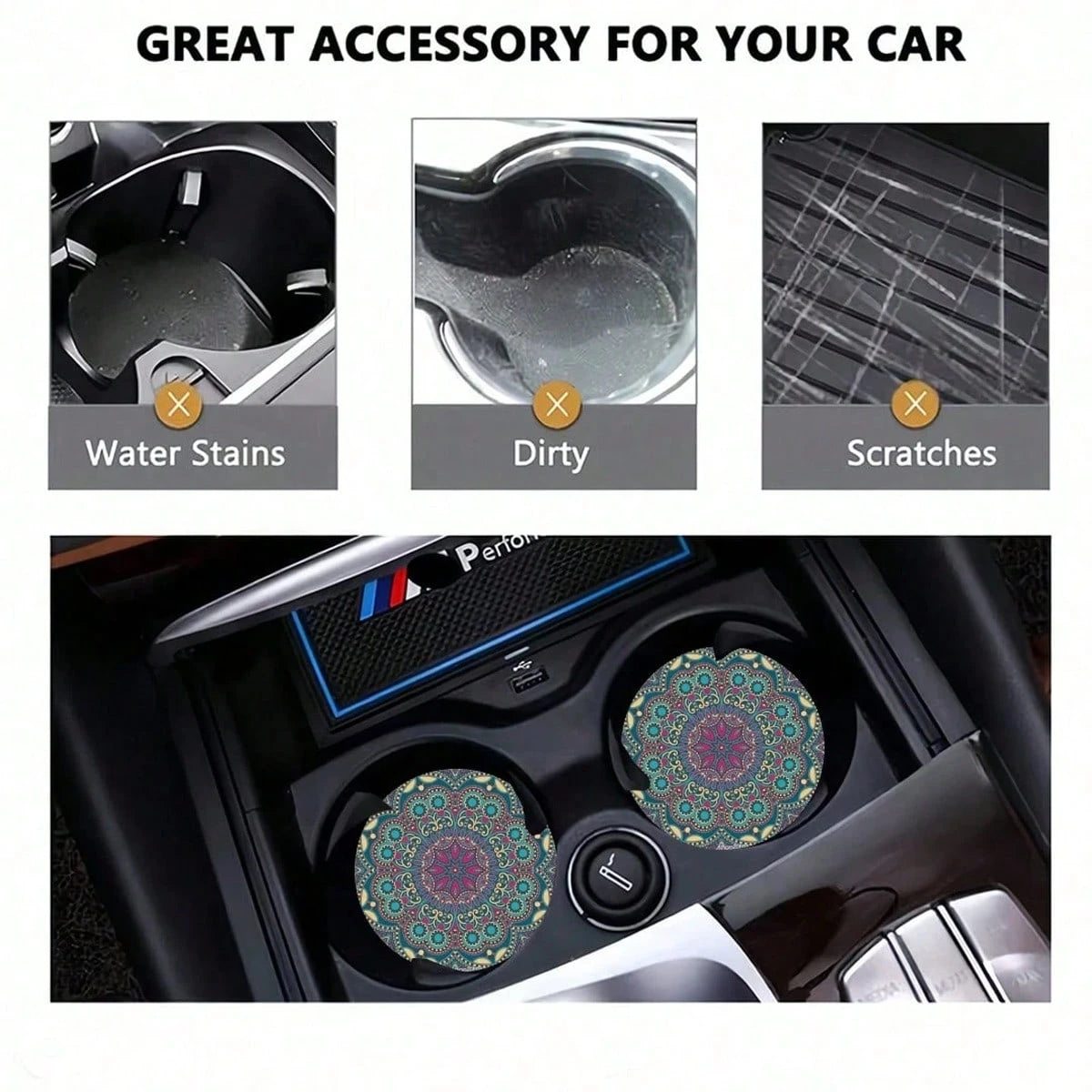2pcs Bohemian Pattern Car Cup Holders, Fashionable & Durable, Quick-Drying Anti-Slip Car Cup Mats