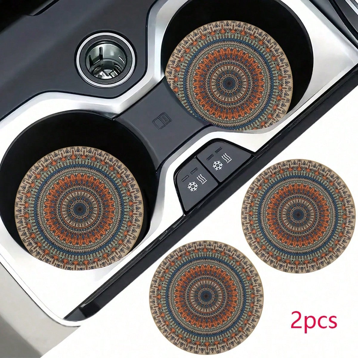 2pcs Bohemian Pattern Car Cup Holders, Fashionable & Durable, Quick-Drying Anti-Slip Car Cup Mats
