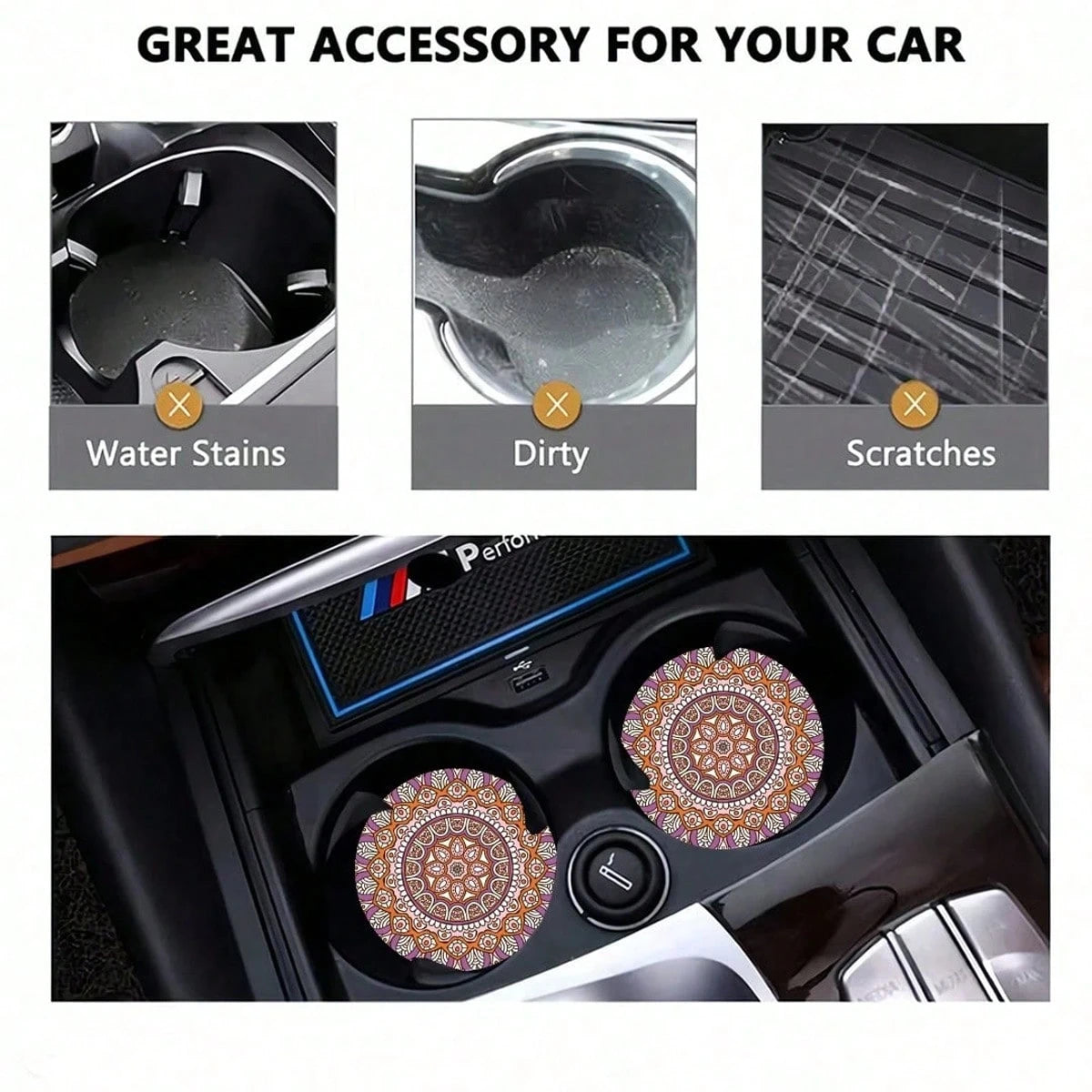 2pcs Bohemian Pattern Car Cup Holders, Fashionable & Durable, Quick-Drying Anti-Slip Car Cup Mats