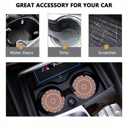 2pcs Bohemian Pattern Car Cup Holders, Fashionable & Durable, Quick-Drying Anti-Slip Car Cup Mats