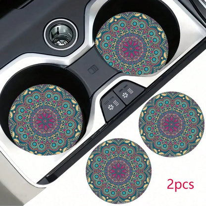 2pcs Bohemian Pattern Car Cup Holders, Fashionable & Durable, Quick-Drying Anti-Slip Car Cup Mats