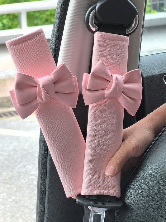 2pcs Car Seat Belt Leather Shoulder Protector Cute Bow Car Decoration Car Protection Cover,Car Women Accessories,Pink Car Stuff