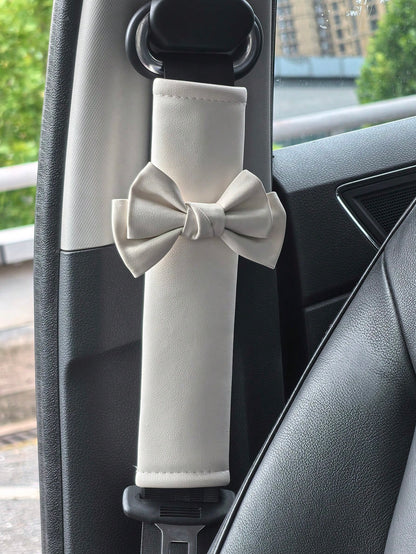 2pcs Car Seat Belt Leather Shoulder Protector Cute Bow Car Decoration Car Protection Cover,Car Women Accessories,Pink Car Stuff