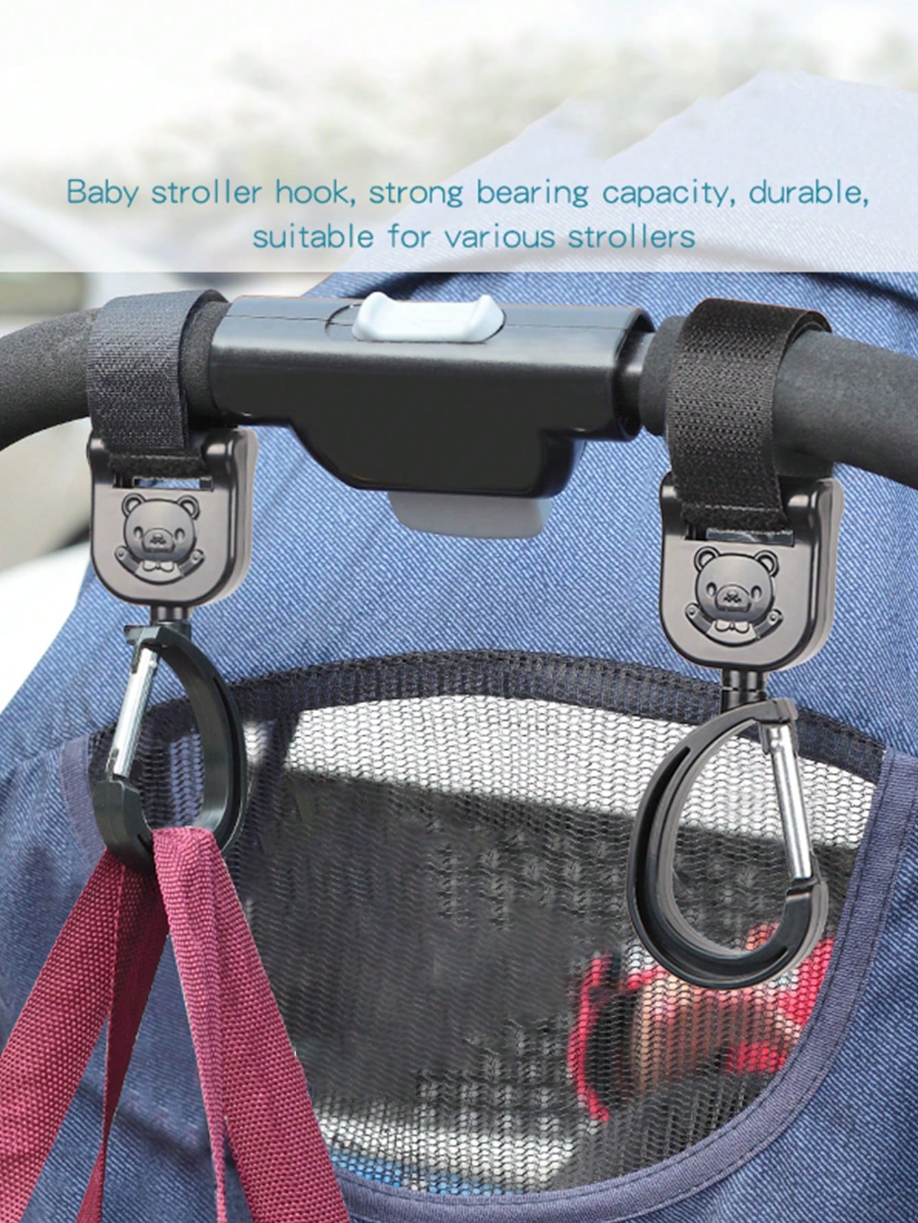 2PCS Cartoon Bear Stroller Hook- Versatile, Punch-Free Hook And Loop Snap With 360° Rotation Bag Holder For Easy Shopping And Travel- The Perfect Gift For Parents