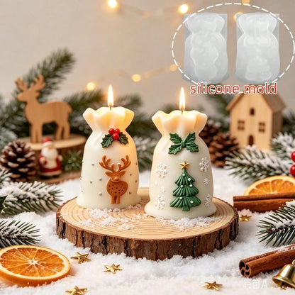 2pcs Christmas Tree Gift Bag Aromatherapy Candle Silicone Mold Set, Christmas Tree & Deer Embossed Plaster Resin Mold, Perfect For Christmas Atmosphere Decoration Candle Making, Suitable For Handmade