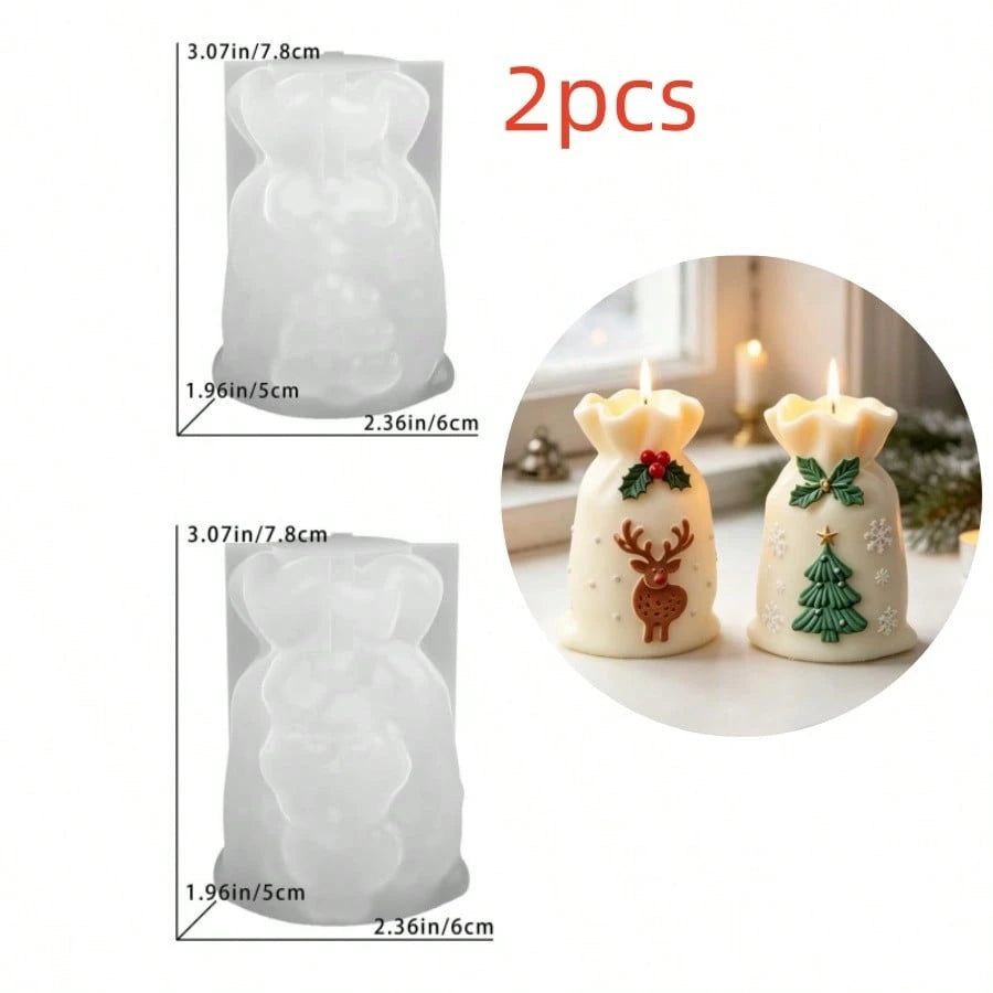 2pcs Christmas Tree Gift Bag Aromatherapy Candle Silicone Mold Set, Christmas Tree & Deer Embossed Plaster Resin Mold, Perfect For Christmas Atmosphere Decoration Candle Making, Suitable For Handmade