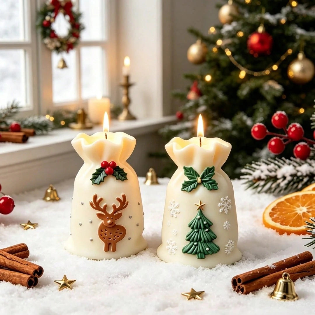 2pcs Christmas Tree Gift Bag Aromatherapy Candle Silicone Mold Set, Christmas Tree & Deer Embossed Plaster Resin Mold, Perfect For Christmas Atmosphere Decoration Candle Making, Suitable For Handmade