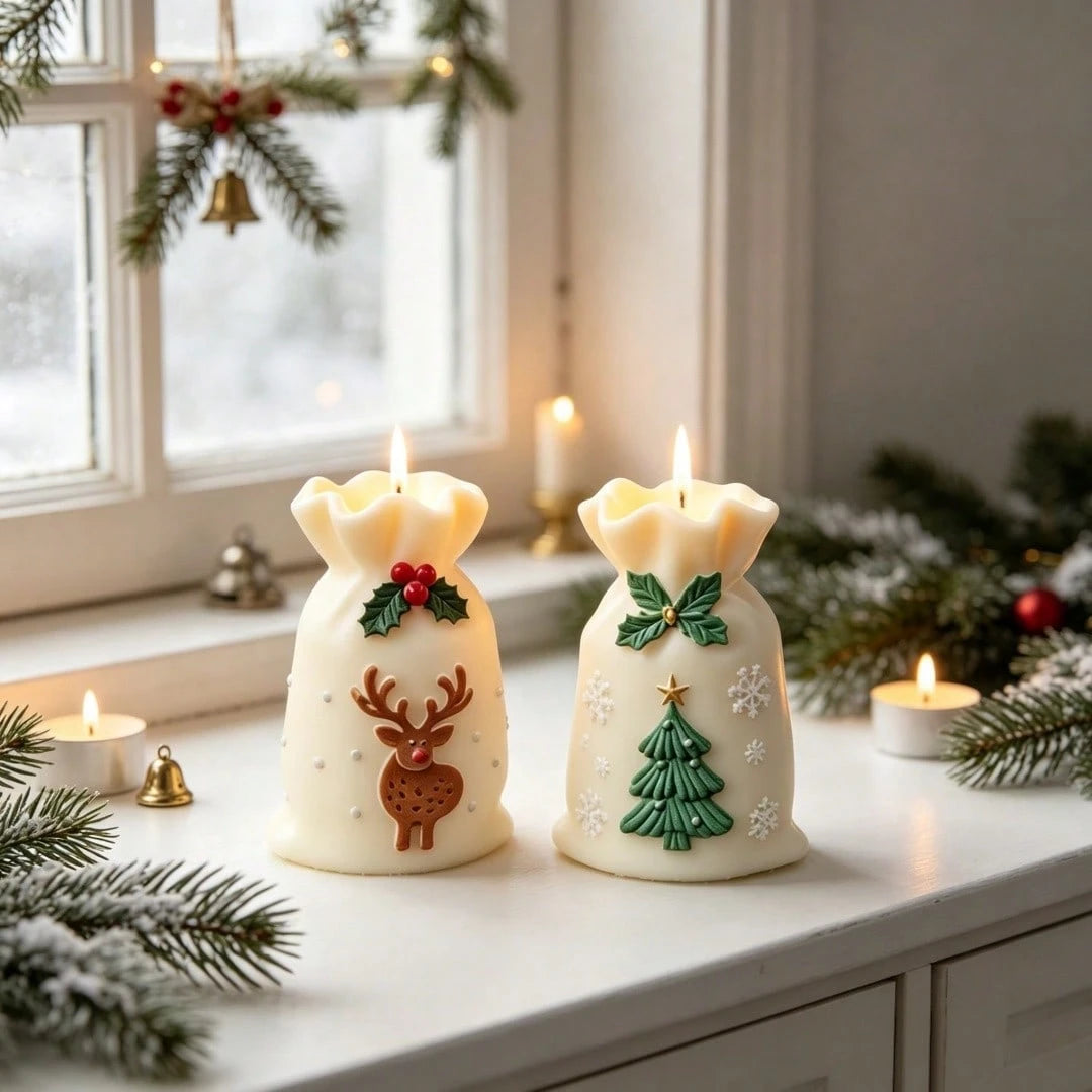 2pcs Christmas Tree Gift Bag Aromatherapy Candle Silicone Mold Set, Christmas Tree & Deer Embossed Plaster Resin Mold, Perfect For Christmas Atmosphere Decoration Candle Making, Suitable For Handmade