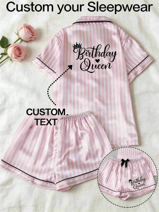 2pcs Customized Name Rhinestone Pajama Set, Pink Women's Summer Short Pajamas, Personalized Casual Loungewear, Beautiful Commemorative Gift, Comfortable Fitted Sleepwear, Perfect Gift