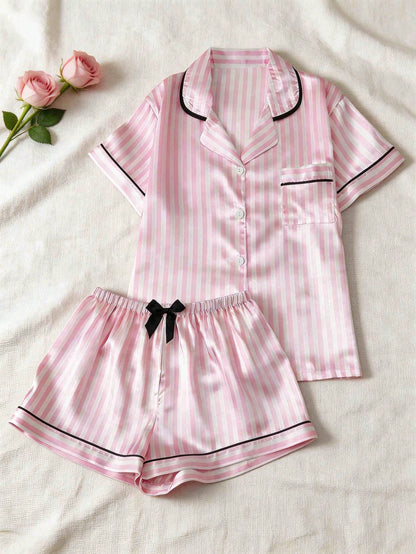 2pcs Customized Name Rhinestone Pajama Set, Pink Women's Summer Short Pajamas, Personalized Casual Loungewear, Beautiful Commemorative Gift, Comfortable Fitted Sleepwear, Perfect Gift