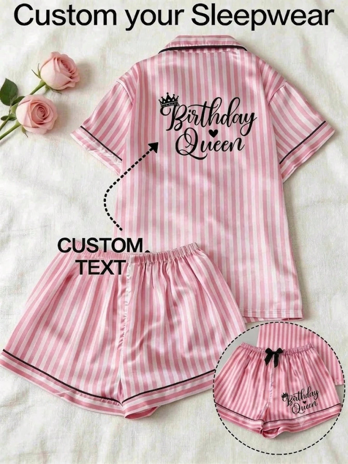 2pcs Customized Name Rhinestone Pajama Set, Pink Women's Summer Short Pajamas, Personalized Casual Loungewear, Beautiful Commemorative Gift, Comfortable Fitted Sleepwear, Perfect Gift