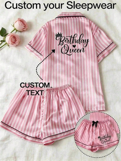 2pcs Customized Name Rhinestone Pajama Set, Pink Women's Summer Short Pajamas, Personalized Casual Loungewear, Beautiful Commemorative Gift, Comfortable Fitted Sleepwear, Perfect Gift