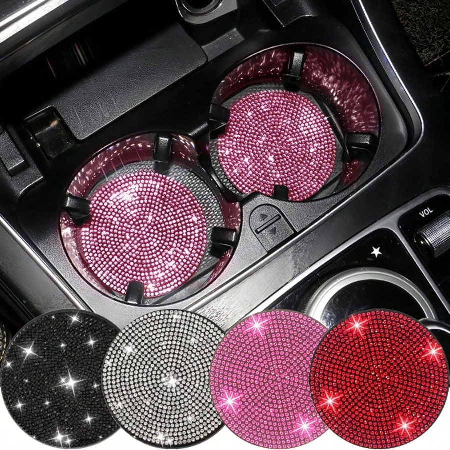 2pcs Fashionable Diamond Studded Car Cup Holders, Soft Silicone Material, Sparkling Diamond Appearance, Multi-Color Options, Elevate The Luxurious Ambiance In Your Car