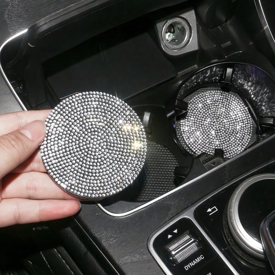 2pcs Fashionable Diamond Studded Car Cup Holders, Soft Silicone Material, Sparkling Diamond Appearance, Multi-Color Options, Elevate The Luxurious Ambiance In Your Car