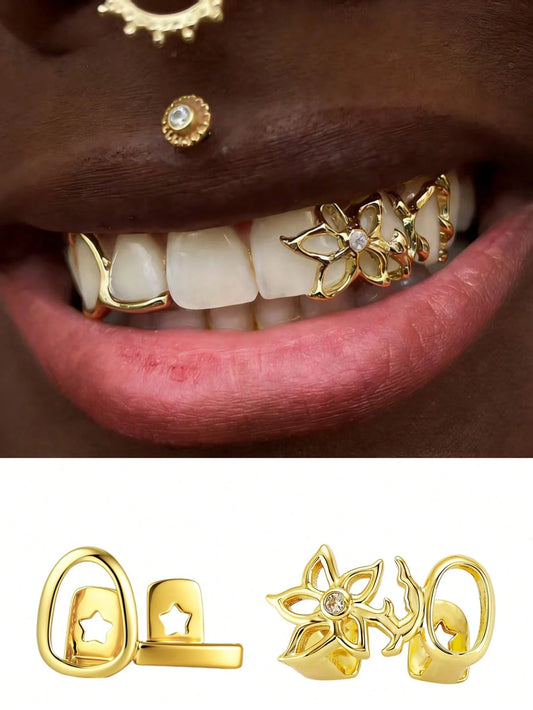 2pcs Fashionable Hollow Flower Tooth Grills, Stylish Halloween Tooth Jewelry