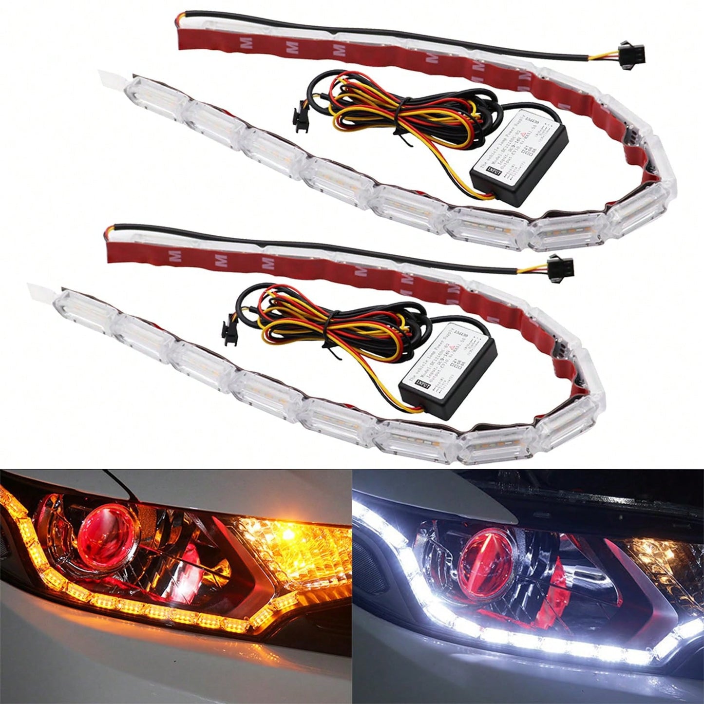 2pcs Flexible Automotive LED Strip Lights, Crystal DRL LED Lights, Daytime Running Lights, Fluid Turn Signal Lights, Headlights, White/Amber, Angel Tears Headlight Kit Sequential Daytime Light, Car Li