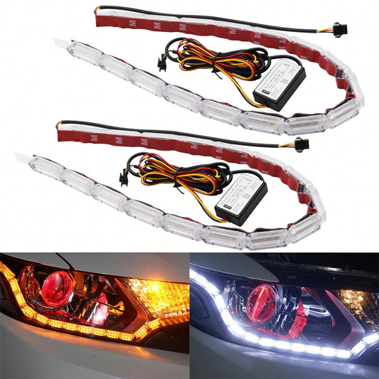 2pcs Flexible Automotive LED Strip Lights, Crystal DRL LED Lights, Daytime Running Lights, Fluid Turn Signal Lights, Headlights, White/Amber, Angel Tears Headlight Kit Sequential Daytime Light, Car Li