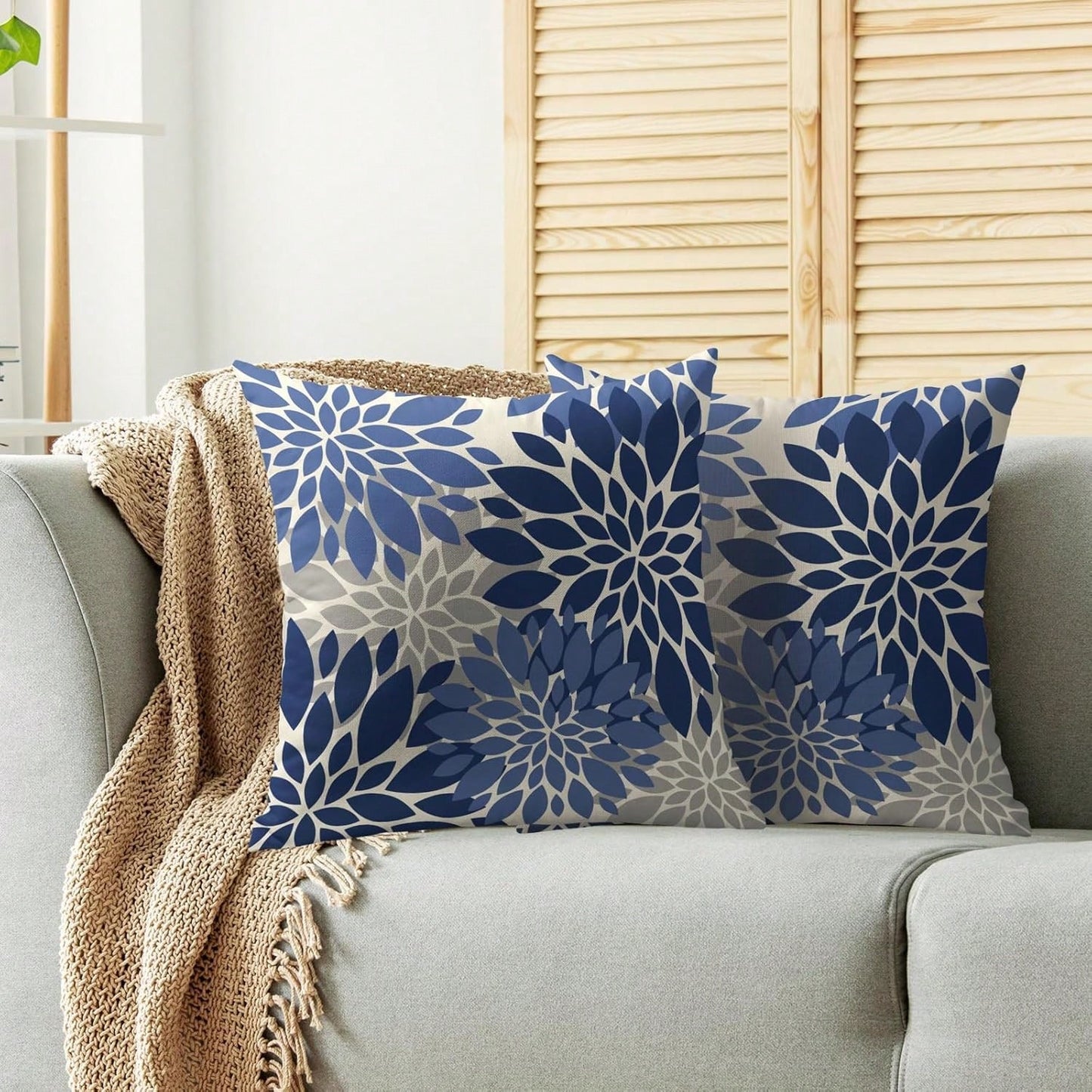 2pcs Floral Patterned Pillow Covers, Blue, Gray, Grayish Brown, Cream, Indoor Decor, Outdoor Farmhouse Style, For Sofa, Bed, Cushions, Single-Sided, Inserts Not Included