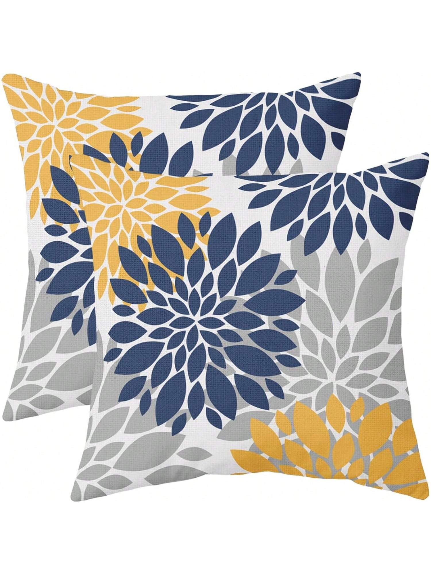2pcs Floral Patterned Pillow Covers, Blue, Gray, Grayish Brown, Cream, Indoor Decor, Outdoor Farmhouse Style, For Sofa, Bed, Cushions, Single-Sided, Inserts Not Included
