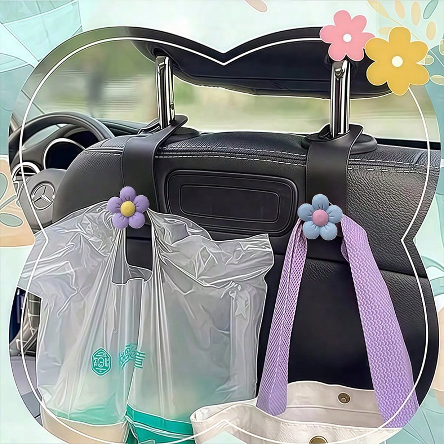 2PCS Flower Shaped Car Hooks, ABS Material Sturdy And Durable, Bright Colors, Back Seat Can Hang Bags, Small Accessories, Practical Storage
