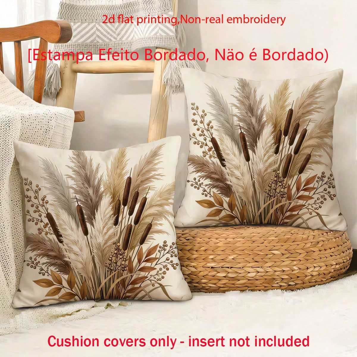 2pcs Gentle Earth Tone Dried Flower & Reed Print Cushion Covers, Versatile Decorative Throw Pillowcases For Outdoor Patio Sofa, Suitable For Sofa, Bedroom; Only Pillowcase Pillow Insert Not Included 4